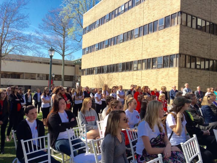 A crowd gathered for the groundbreaking of the new Egan School of Nursing and Health Studies at Fairfield University.