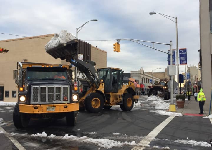 Snow left behind from last week&#x27;s storm is finally cleared from Main Street in Hackensack.