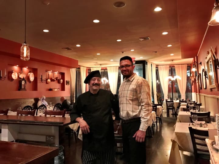 Joseph Carlo Vallecillos of Fort Lee, left, with chef Carlo Pietroniro at L&#x27;Angelo Trattoria Italiana in Cliffside Park.