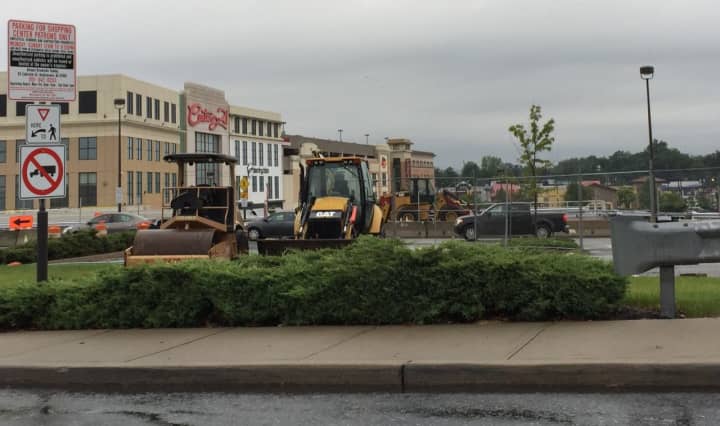 Paving is under way at the Bergen Town Center in Paramus.