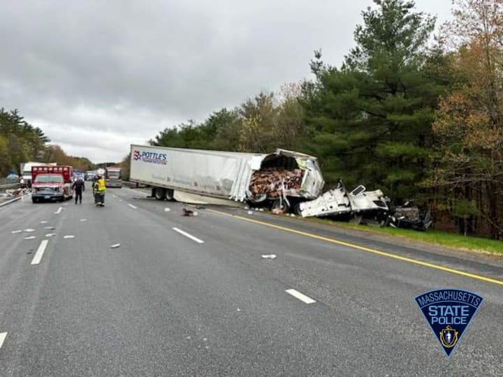 A tractor-trailer involved in the crash on I-84 East in Sturbridge