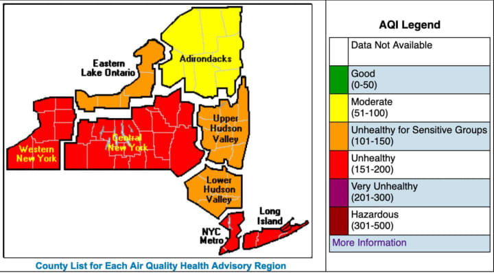 The NYS Department of Environmental Conservation released the above map on Thursday, June 8 indicating air quality levels for different areas of the state. The map lists the NYC Metro area as &quot;unhealthy.&quot;