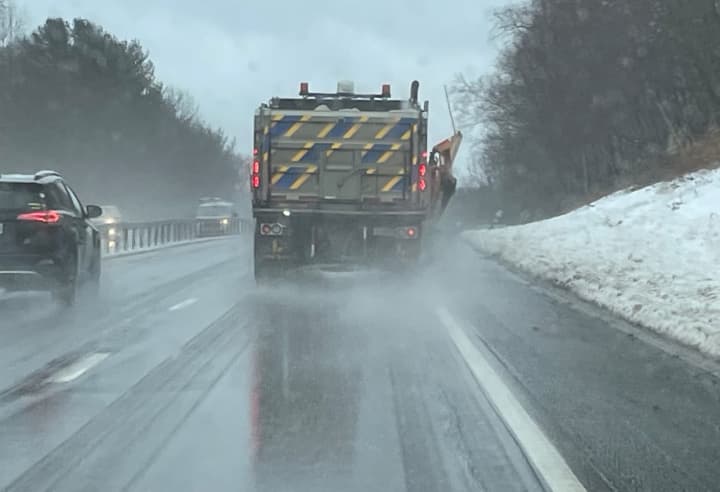 A plow drives on the Taconic State Parkway in Westchester during Tuesday's storm.&nbsp;