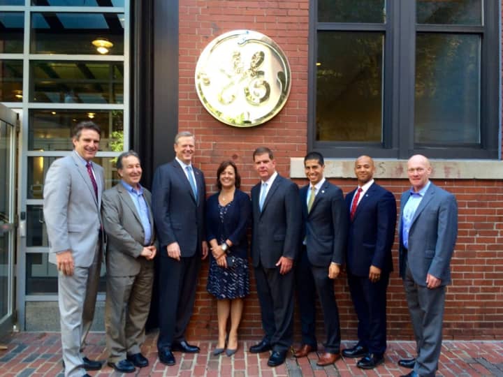 General Electric celebrated the opening of a temporary new headquarters in Boston