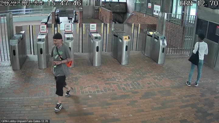 Surveillance image of the suspect walking from Green Street MBTA Station