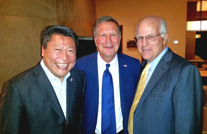 From left: State Sen. Tony Hwang, Ohio Gov. and presidential hopeful John Kasich and former U.S. Congressman Chris Shays