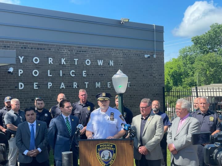 Yorktown Police Chief Robert Noble and Yorktown officials during a press conference on June 8, about the arrests related to the graffiti painted in Yorktown.