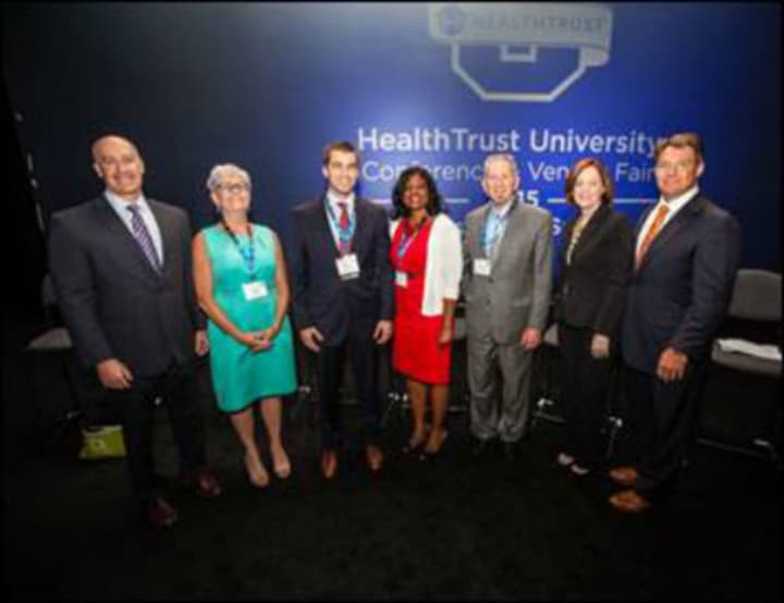 Hackensack University Medical Center officials joined with those at HealthTrust in accepting the stewardship award from HealthTrust.