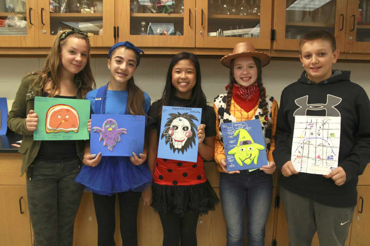 Jessica Prauda, Lea Bonsignore, Laura Eng, Erin Panker, Marco Irizarry, with their scary creations.