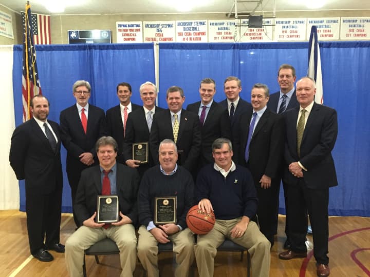 Inductees at Stepinac High School&#x27;s recent Hardwood Club induction ceremony included: sitting (l-r): Tom Cramer, Gerry McLoughlin and Joe Collins and standing (l-r): Brendan Moyna, John Griff, Bob O&#x27;Toole, John Cahill, Mike Henderson, Brendan Burke, 