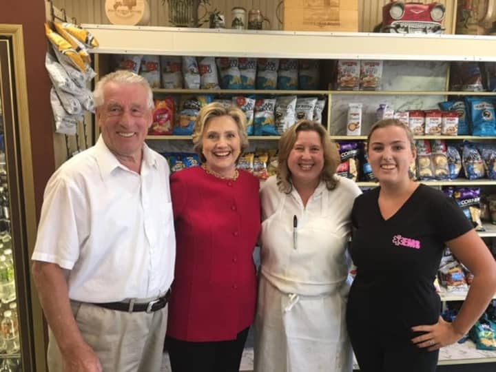 Democratic presidential candidate and Chappaqua resident Hillary Clinton posed with Richard Lange, the owner of Lange&#x27;s Little Store &amp; Delicatessen, left, Vickie Bergstrom, Lange&#x27;s daughter, and Maddi Bergstrom, his granddaughter.