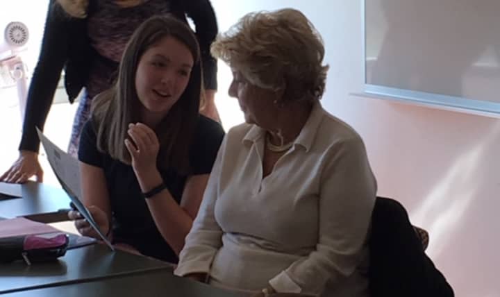 Holy Child Grandparents Day chair Barbara Santangelo of Rye attends class with her granddaughter Lila Pfohl.