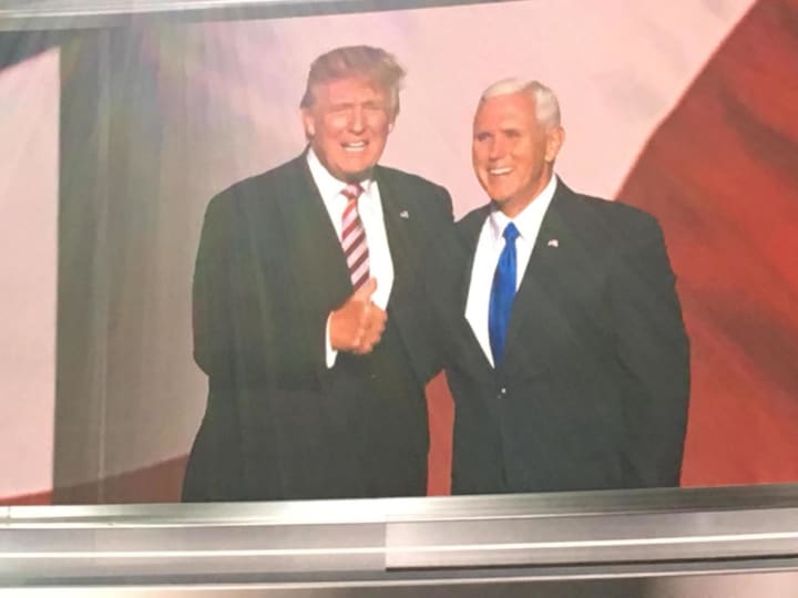 Republican running mates Donald Trump and Mike Pence take the stage together at the GOP Convention in Cleveland on Wednesday evening.