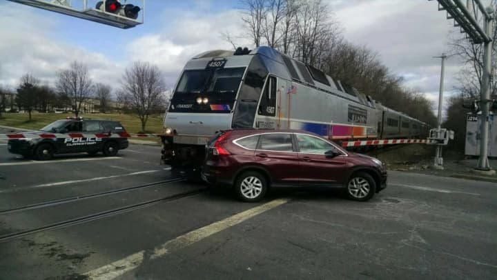 At about 1:30 p.m. Sunday, a New Jersey transit train traveling to Spring Valley struck this car at the New Clarkstown Road crossing in Nanuet.
