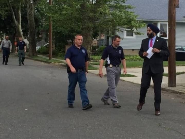 Acting Bergen County Prosecutor Gurbir Grewal, right, with Fair Lawn Police Chief Glen Cauwels, left, and Deputy BCPO Police Chief Robert Anzolotti, middle.