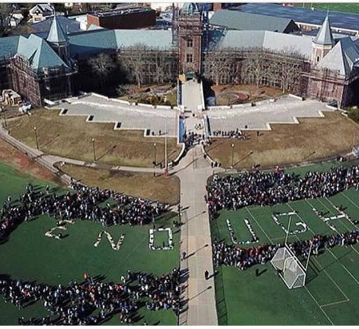 New Rochelle students formed the word &quot;Enough&quot; on National Walkout Day.