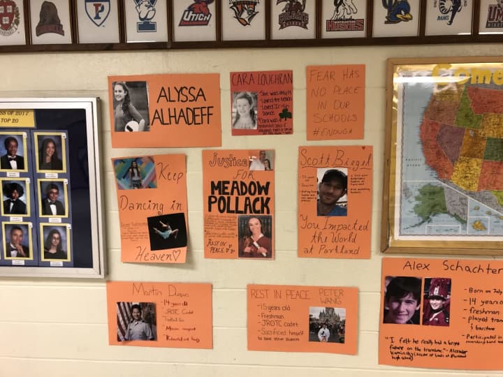 The tribute hangs on the walls of Hackensack High School.