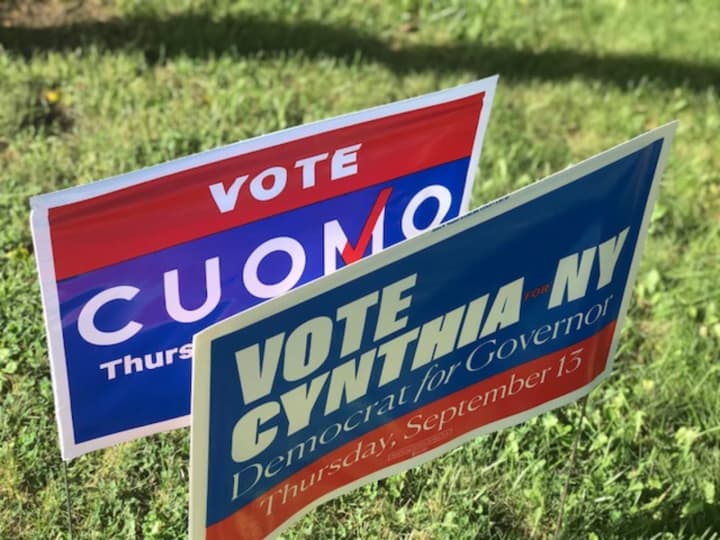 Democratic campaign signs in the New York Governor&#x27;s primary race lined Route 9 in Ossining on Thursday.