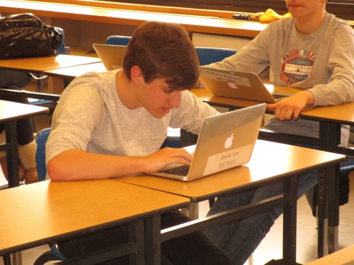 Students work on their laptops during a &quot;virtual day&quot; at Northern Valley Regional High School Demarest.