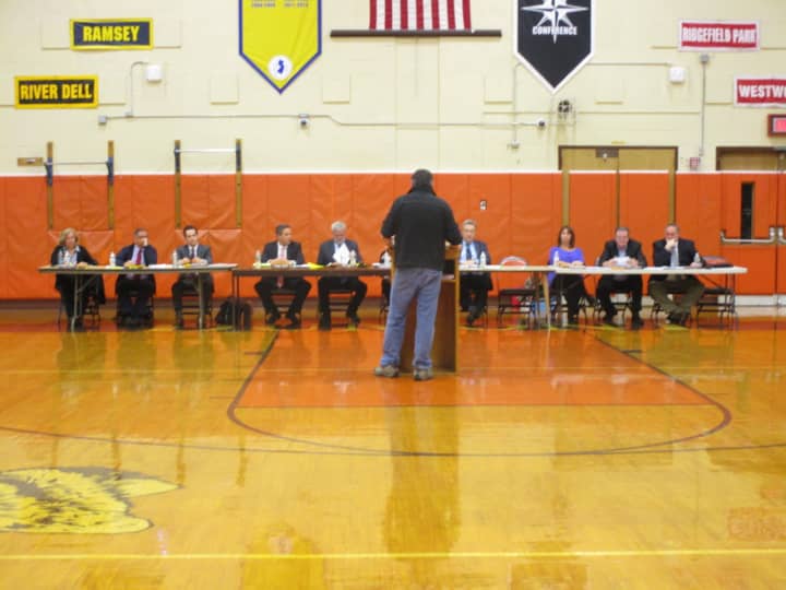 <p>Residents speak to the Dumont Mayor and Council during a special public meeting on March 8.</p>