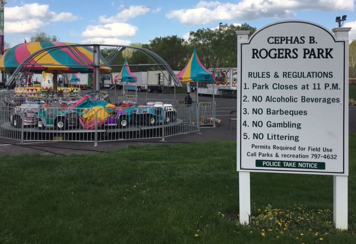 The War Memorial Carnival is setting up in Rogers Park in Danbury. It opens Friday.