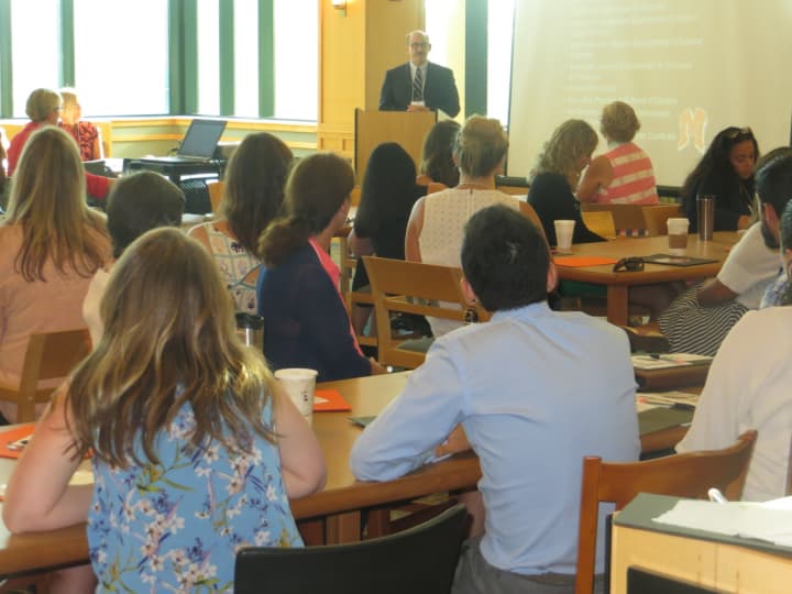Mamaroneck Superintendent of Schools Robert Shaps speaking to new teachers at Mamaroneck High School. Shaps, in an email to community members, said the school board will discuss a major capital construction project during its Oct. 13 meeting at MHS.