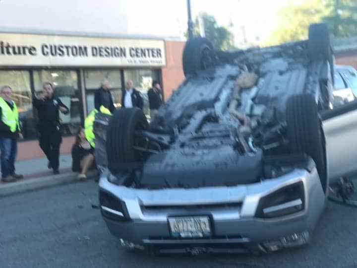 A look at the overturned vehicle at 9:15 a.m. Thursday  in Elmsford at the corner of Route 9A and Route 119.