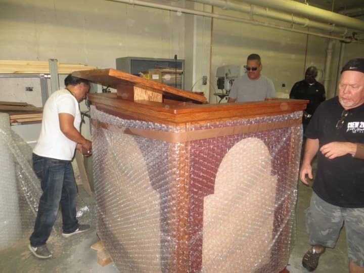 <p>Movers put bubblewrap around a pulpit built for Pope Francis at Lincoln Hall Boys&#x27; Haven in Somers on Tuesday. The pulpit and altar are destined for Madison Square Garden&#x27;s Papal Mass on Sept. 25.</p>