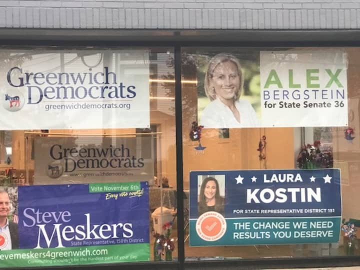 Democratic Party headquarters in Greenwich, promoting historic winners Alexandra Bernstein and Steve Meskers.