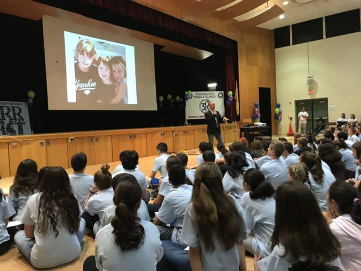 Mark Barden, director of advocacy for Sandy Hook Promise, tells Wyckoff middle school students about his son Daniel who was killed at Sandy Hook Elementary School.