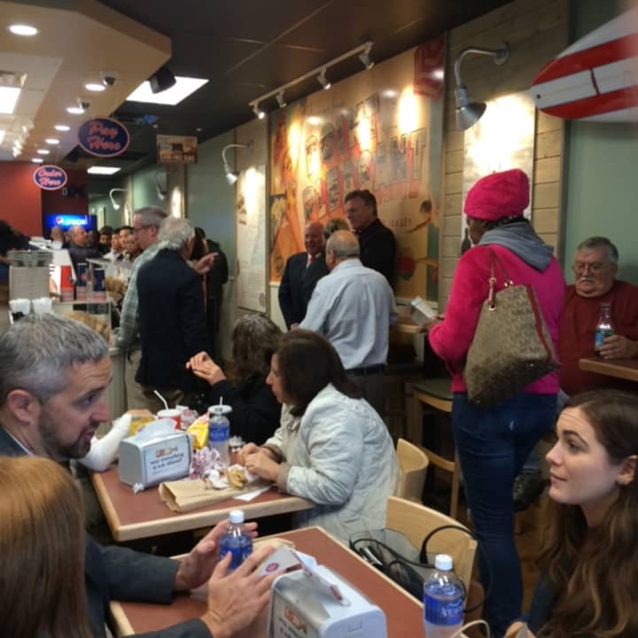 Customers line up for lunch at the Jersey Mike&#x27;s in Westport.