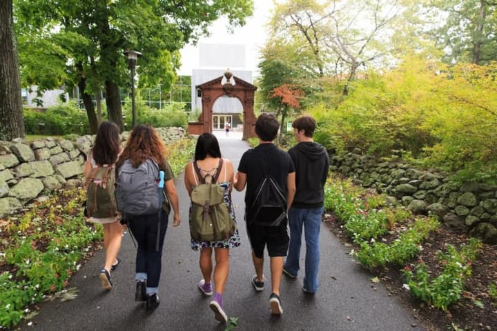 Students walk on the Ramapo College campus in Mahwah.