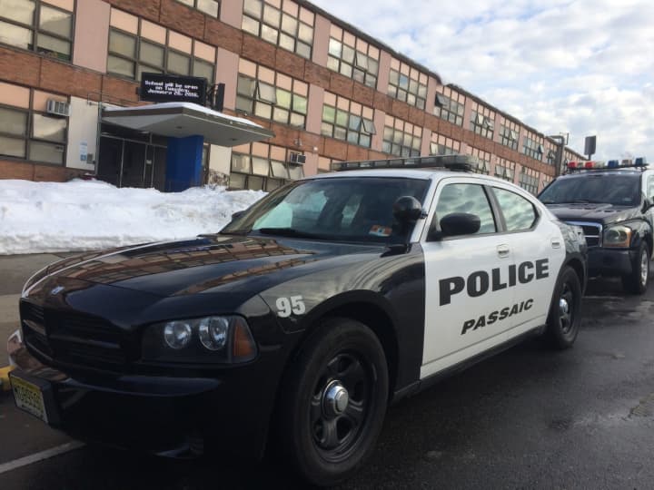 Passaic police cars outside of the high school during a lockdown Tuesday.