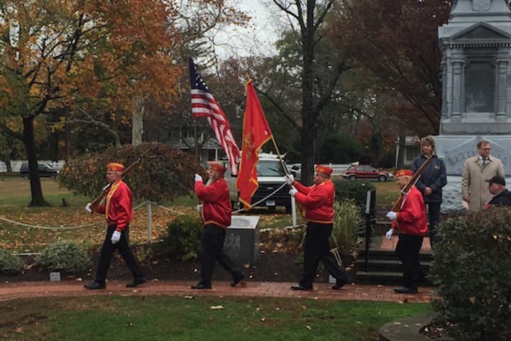 Members of the Marine Corps League Housatonic Detachment march at the memorial at Academy Hill during Stratford&#x27;s Veterans Day ceremony