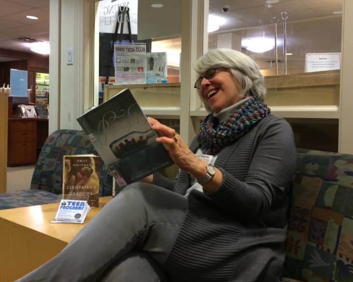 Gina Mitgang sits in the teen lounge at the Ridgewood Public Library.