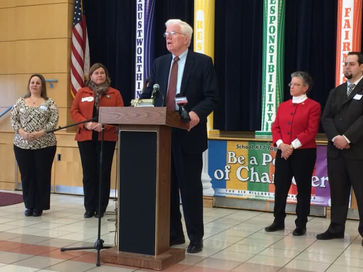 Assemblyman Thomas P. Giblin speaks to the audience at Clifton School No. 17 Tuesday morning.