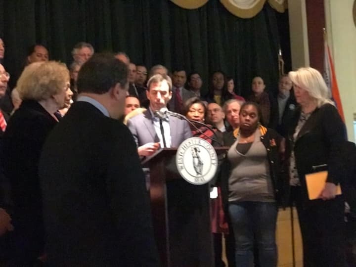 New Rochelle Mayor Noam Bramson, center, details residents&#x27; frustrations with utility company response to blackouts. Westchester County Executive George Latimer, left, called the news conference Friday at the County Center.