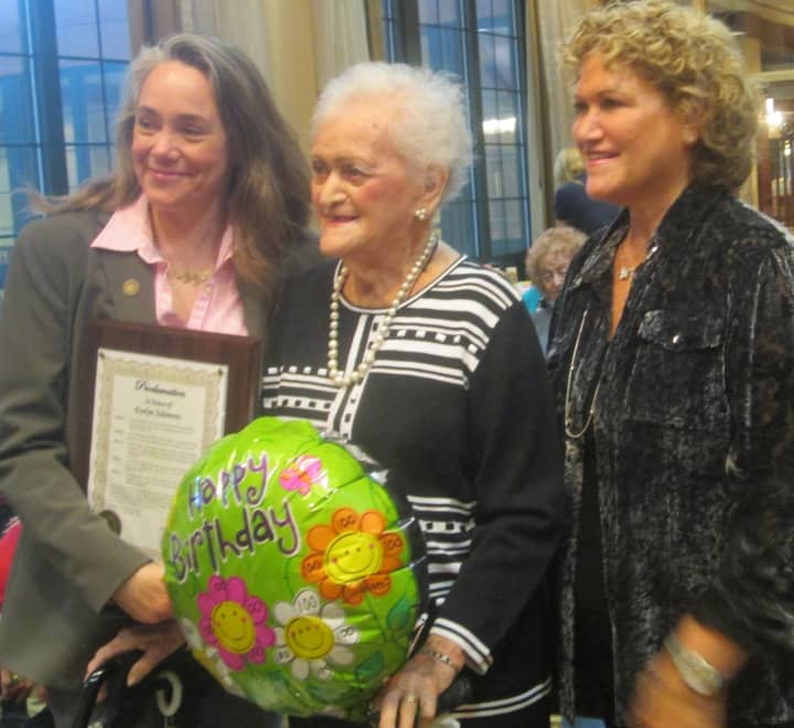 Mayor Victoria Gearity celebrates Evelyn Solomons&#x27; birthday with her and her daughter, Gail Ruhlman.