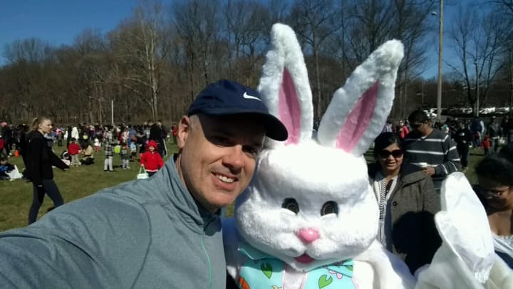 Paramus Mayor Richard LaBarbeira with the Easter Bunny.