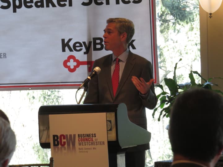 White Plains Mayor Thomas Roach speaking at the Business Council of Westchester KeyBank Speaker Series breakfast.