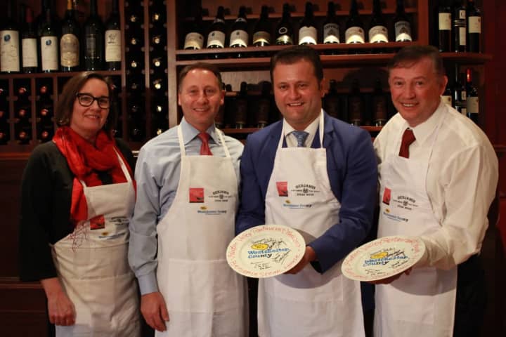 County Executive Rob Astorino with Janet Crawshaw, publisher of The Valley Table magazine with Benjamin Prelvukaj and Benjamin Sinanaj, owners of Benjamin Steakhouse in Hartsdale, to kick off Hudson Valley Restaurant Week (HVRW) for spring 2017.
