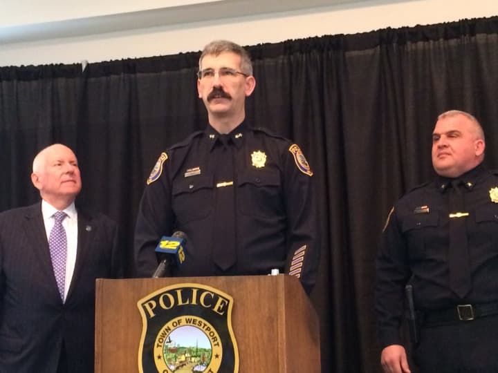 Westport Police Chief Dale Call announced his retirement Tuesday, as First Selectman James Marpe and Deputy Chief Fotios Koskinas, who will replace him, look on.