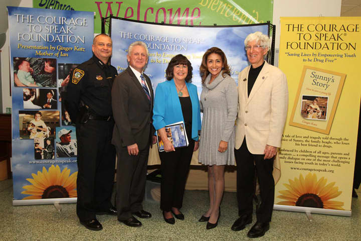 Norwalk Police Chief Thomas Kulhawik, Mayor Harry Rilling, Ginger Katz, Lucia Rilling, and Larry Katz are shown at a previous Courage to Speak Family Night.
