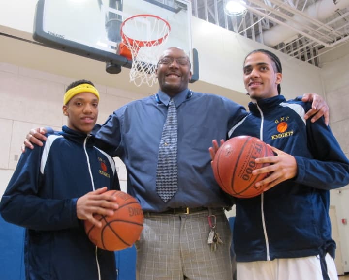 From left, Andre Carthorn, 18, of Dobbs Ferry, head coach Anthony Gaines, and Antonio Lowden, 18, of Yonkers.
