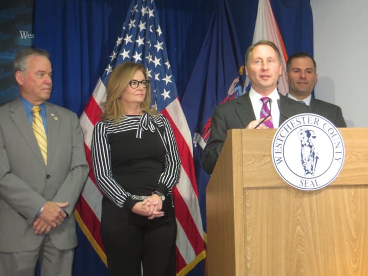 Westchester County Executive Rob Astorino speaking at Monday&#x27;s news conference in White Plains. Joining him, from left, are Rockland County Executive Ed Day, Putnam County Executive MaryEllen Odell and Dutchess County Executive Marc Molinaro.