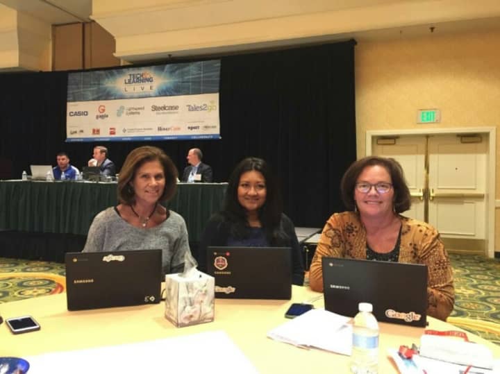 Hendrick Hudson teachers and Instructional Technology coaches Mary Fanning, Nupur Pal and Colleen Ruiz at the recent Tech &amp; Learning Live @ New York conference in Tarrytown. 