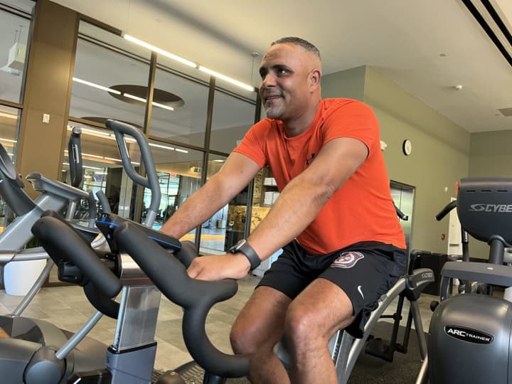 Chief Bergen County Prosecutor Jason Love before a spin class led by Paramus Deputy Police Chief Robert Guidetti as part of the Six Weeks of Wellness Challenge.