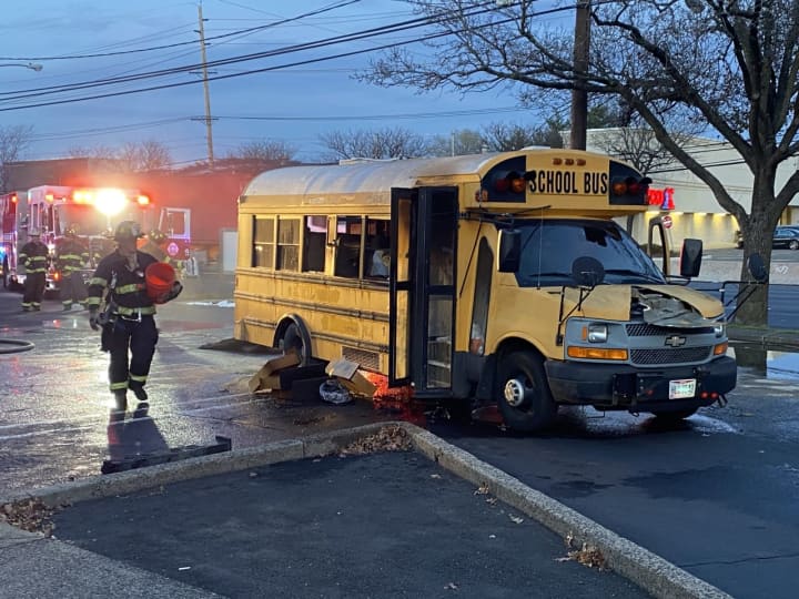 Firefighters doused the fire aboard the school bus on Route 17 in Paramus.