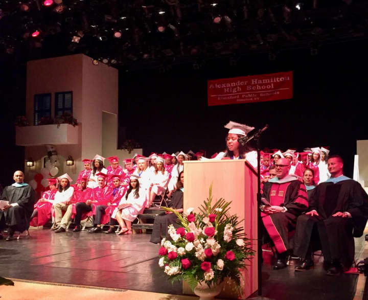 Lara Malaver speaks at the Alexander Hamilton High School commencement.