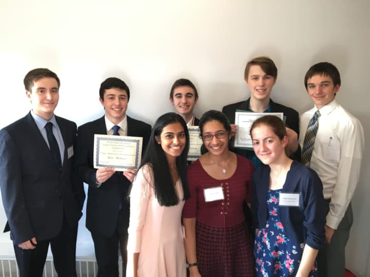 Eight of the nine students competing this weekend: Back row, from left: Charles Panzarella, Peter Psaltakis, Ryan Stasolla, Xavier Varga and Philip Markuszweski. Front Row, from left: Meenu Mundackal, Isabelle Joseph and Joelle El Hamouche.
